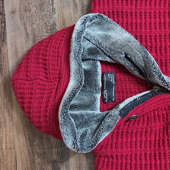 LCR Black Edition Knit Full Zip Sweater in Red Faux Fur Hood Lining - Picture 2 of 11